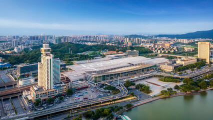 Obraz premium Aerial photography of lakes and city buildings in Nanjing, China