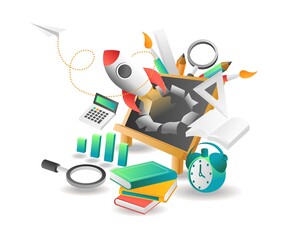 Flat isometric illustration concept. The rocket comes out of the student's whiteboard