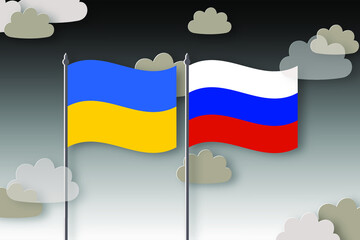 The national flag of Ukraine and Russia against the background of gloomy clouds. War between Russia and Ukraine on February 24, 2022. Horizontal poster in paper cut style. Vector