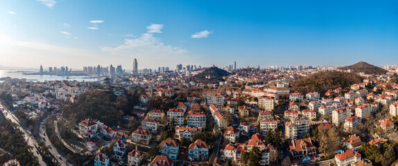 Aerial photography of the coastline scenery of the old city of Qingdao, China