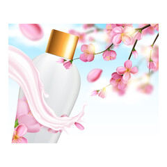 Sakura Shampoo Creative Promotion Banner Vector. Sakura Shampoo Blank Packaging, Tree Branch With Flowers And Aroma Splash On Advertise Poster. Hair Care Liquid Style Concept Template Illustration