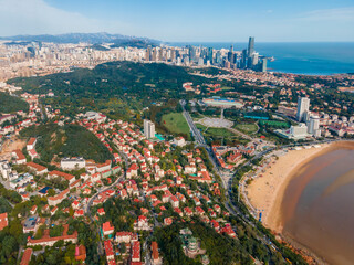 Aerial photography of the coastline scenery of the old city of Qingdao, China