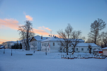 Old houses on Karl Marx Street in the early January morning, Kalyazin, Russia