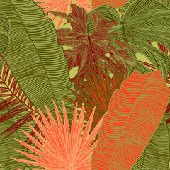 bright seamless vector patterns with juicy bright colorful tropical plants. Tropical seamless patterns for surface design and textile design.