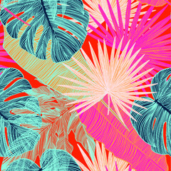 bright seamless vector patterns with juicy bright colorful tropical plants. Tropical seamless patterns for surface design and textile design.