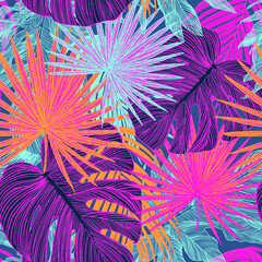 bright seamless vector patterns with juicy bright colorful tropical plants. Tropical seamless patterns for surface design and textile design.