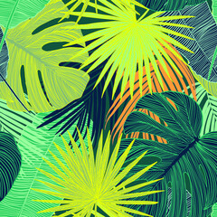 bright seamless vector patterns with juicy bright colorful tropical plants. Tropical seamless patterns for surface design and textile design.