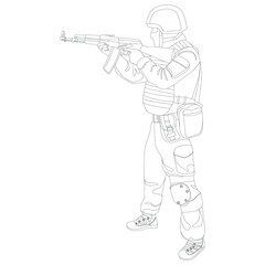 The soldier stands and takes aim with a firearm. Vector illustration. 