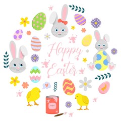 Easter set with easter bunnies, easter chicks, easter eggs, happy easter with spring flowers on white background