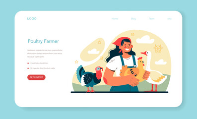 Fototapeta na wymiar Poultry farm web banner or landing page. Shepherd with a domestic birds