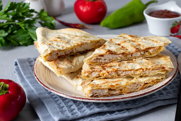 Mexican tortilla quesadilla with turkey, cheese and tomato salsa, Closeup