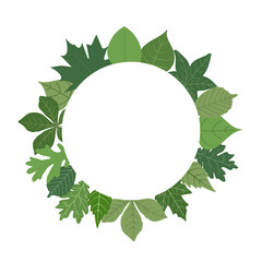 Fototapeta premium Forest green foliage round border frame. Greenery circle greeting card with place for text. Template for invitation card with forest leaves. Vector illustration