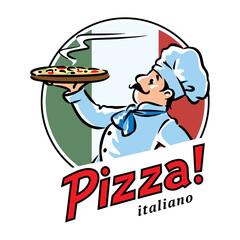 Funny chef with pizza. Emblem or logo design - 489862423