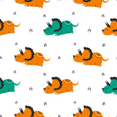Seamless pattern with hand drawn dinosaur. Triceratops. Scandinavian style, flat style, doodle. children's design. Vector.