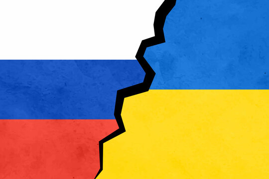 Russia vs Ukraine Flags. Flag of the two countries. National flags of Russia and Ukraine grunge pattern on the broken weathered wall with cracks background. 