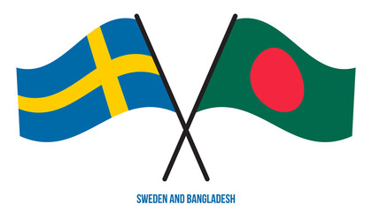 Sweden and Bangladesh Flags Crossed And Waving Flat Style. Official Proportion. Correct Colors.