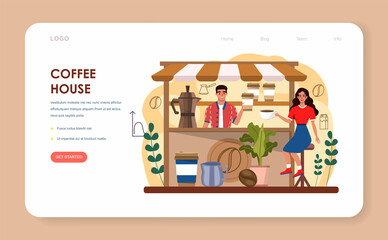Barista web banner or landing page. Bartender making a cup of hot coffee