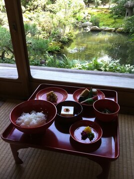 Japanese traditional plates by the zen garden