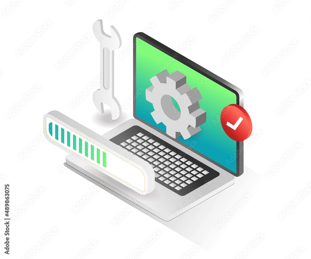 Poster flat isometric concept illustration. web application maintenance process