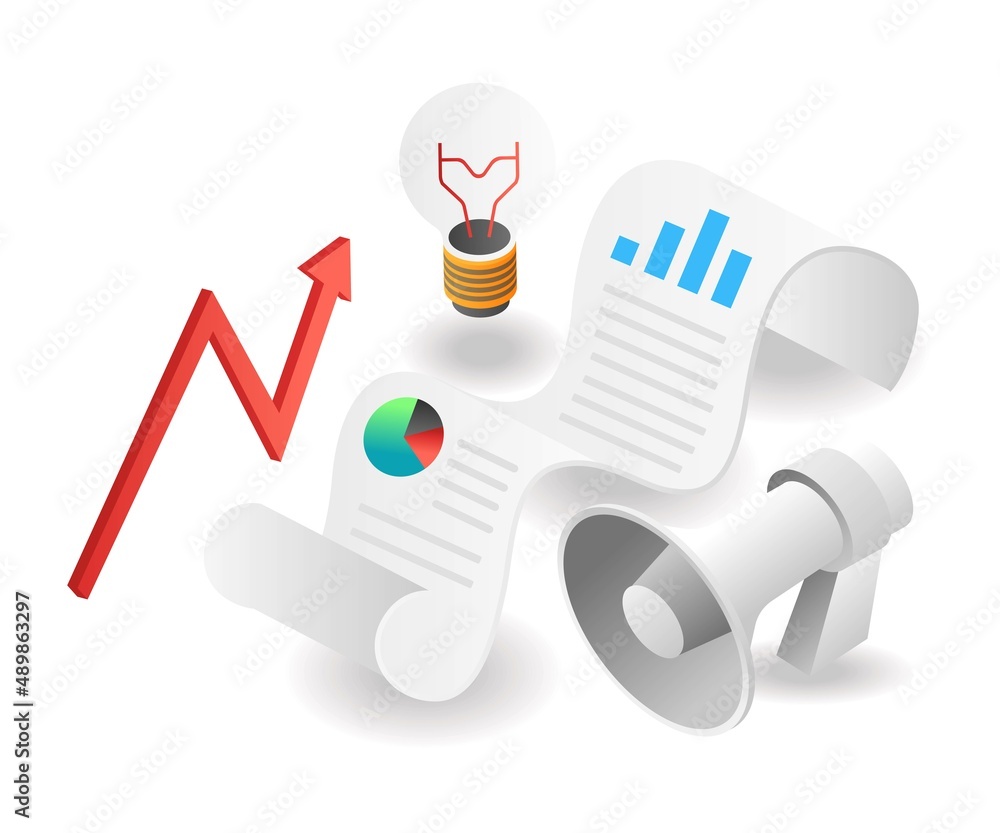 Poster flat isometric illustration concept. data analysis idea campaign on paper