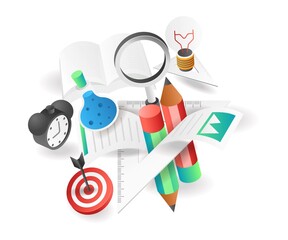 Flat isometric illustration concept. creative kids tools back to school