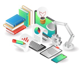 Flat isometric illustration concept. creative idea data analysis on computer
