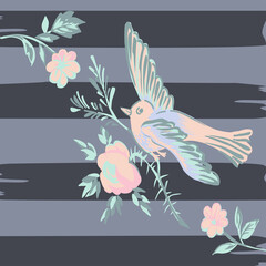 Drawing bird flying with flower roses tropical vintage print, seamless stripes pattern retro background in pastel colors. Vector illustration for design, fashion, textile, greeting card, invitation