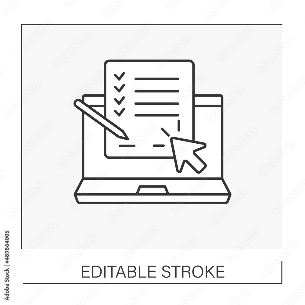 Poster document line icon.checklist prepared on laptop.clicking by cursor. contract concept. isolated vecto