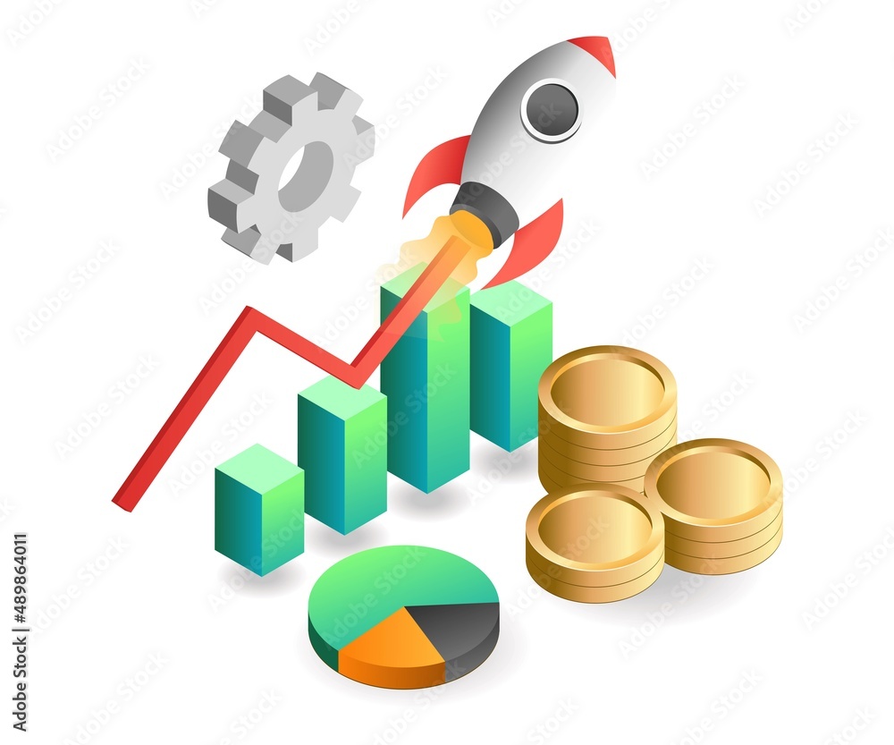 Aufkleber flat isometric concept illustration. rocket launch analysis with money