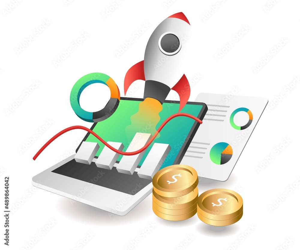 Poster Flat isometric concept illustration. rocket launch analysis data