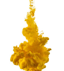 Yellow ink cloud flowing in water, isolated on white background