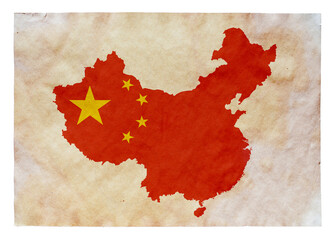 map of China with flag painted on old grunge paper	