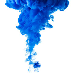 Blue ink paint cloud flowing in water, isolated on white background