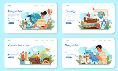 Geographer web banner or landing page set. Studying the lands, features