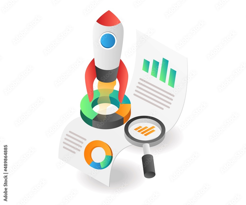 Poster flat isometric concept illustration. rocket launching on data analysis paper