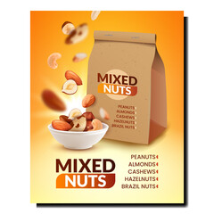 Mixed Nuts Blank Package Promotion Banner Vector. Peanuts And Almonds, Hazelnuts And Cashews Mixed Nuts In Bowl And Paper Bag Advertising Poster. Style Concept Template Illustration