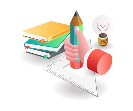 Flat isometric concept illustration. hand holding a pencil on a ruler back to school