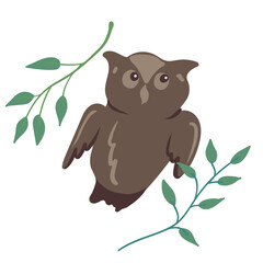 Cartoon wood owl with branches isolated on background