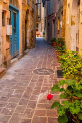 Scenic picturesque streets of Chania venetian town with colorful old houses. Chania greek village in the morning. Chanica, Crete island, Greece