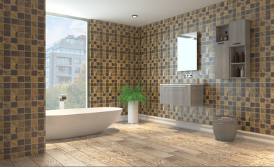 Clean and fresh bathroom with natural light. 3D rendering.