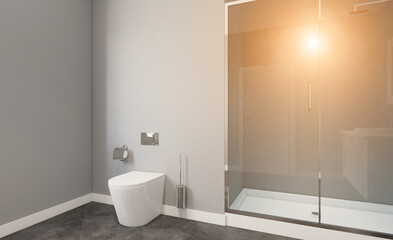 Naklejka na ściany i meble Spacious bathroom in gray tones with heated floors, freestanding tub. 3D rendering., Sunset.