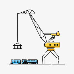 A port crane lifts a container from a railway platform. Vector illustration