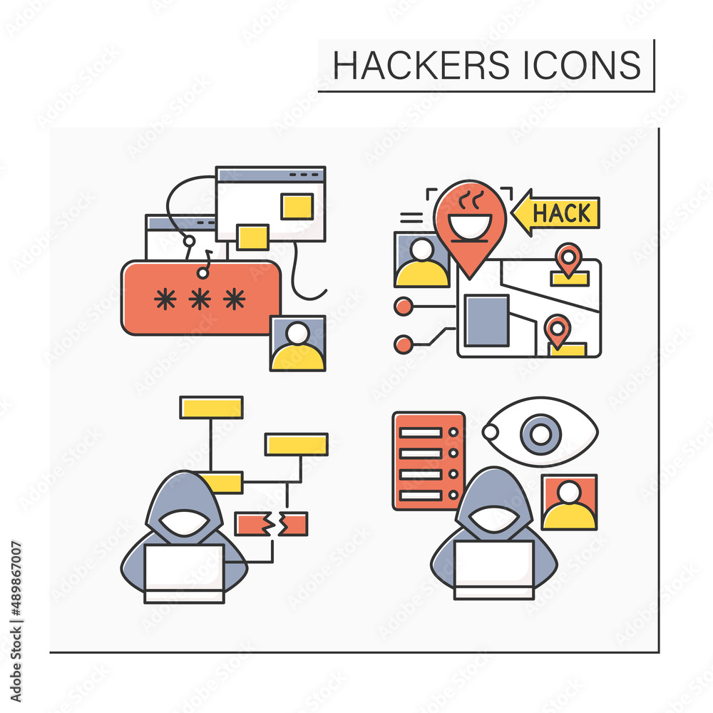 Aufkleber hackers color icons set. safe web browsing and cybersecurity. email phishing, fake url, keylogger an