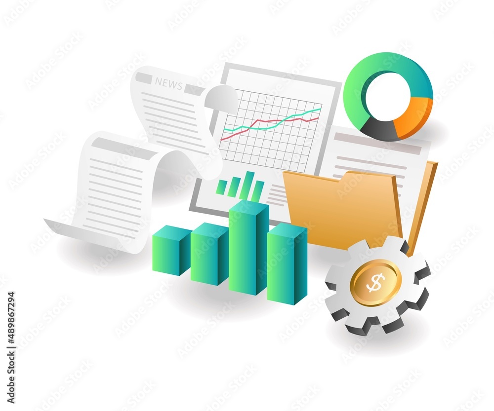 Poster flat isometric concept illustration. business development analysis data