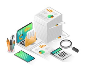 Flat isometric concept illustration. business enterprise data analysis paper stack