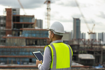 Asian engineer handsome man or architect use tablet with white safety helmet in city construction...