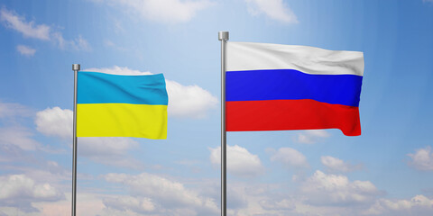 Ukraine and Russia two flags on flagpoles and blue sky