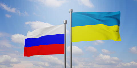 Ukraine and Russia two flags on flagpoles and blue sky