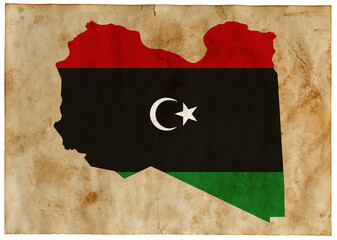 map of Libya with flag painted on old grunge paper	