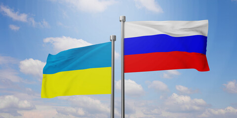 Ukraine and Russia two flags on flagpoles and blue sky